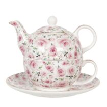 Clayre & Eef Tea for One 400 ml / 250 ml Wit Roze Porselein Rond Thee & accessoires Wit Porselein