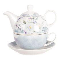 Clayre & Eef Tea for One 460 ml Wit Blauw Porselein Rond Bloemen Thee & accessoires Wit Porselein