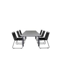 Hioshop Levels tuinmeubelset tafel 100x160/240cm en 6 stoel stapel Tuinmeubelen Zwart Polyester