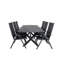 Hioshop Rives tuinmeubelset tafel 100x200cm en 6 stoel Break zwart. Tuinmeubelen Zwart Textiel