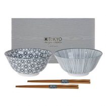 Tokyo Design Studio Nippon Black Tayo Kommen Set van 2 - Ø 17 - met chopsticks Servies Wit