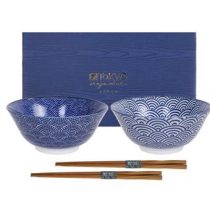 Tokyo Design Studio Nippon Blue Tayo Kommen Set van 2 - Ø 17 cm - met chopsticks Servies Blauw