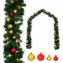 vidaXL Kerstslinger versierd met kerstballen en LED-lampjes 10 m Kerstdecoratie Groen PVC