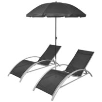 vidaXL Ligbedden met parasol aluminium zwart Tuinmeubelen Zwart Kunststof